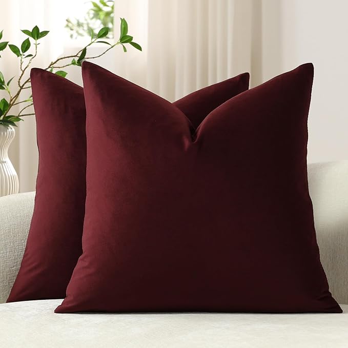 Euro Sham Covers 24x24 Burgundy: Pack of 2 Cozy Soft Velvet Square Modern Luxury Decorative Throw Pillow Cases for Sofa Couch Living Room Bed Home Decor