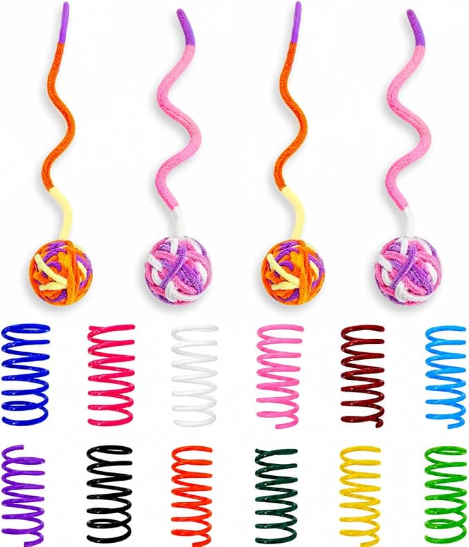 Cat Toys for Indoor Cats, 4 Yarn Balls with Tails & 12 Colorful Springs
