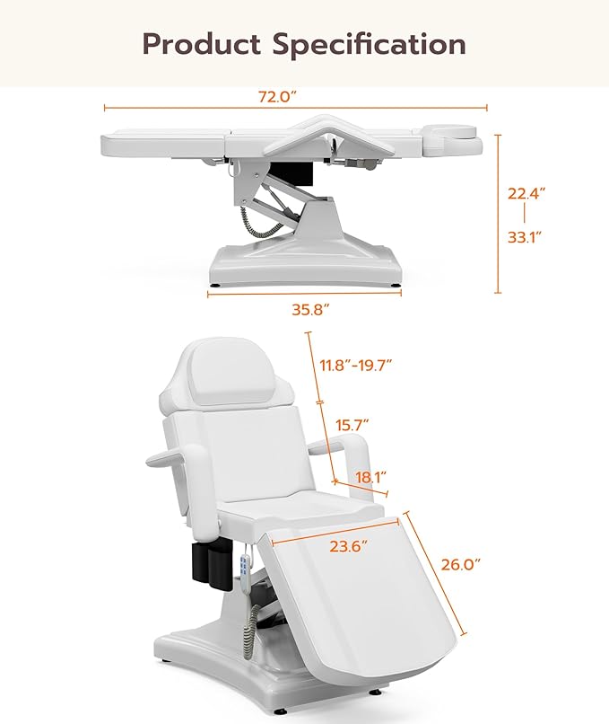 Icoget Fully Electric Tattoo Chair Esthetician Bed for Clients, 3-Motor Adjustable Spa Table Facial Bed for Lashing, Waxing, Professional Aesthetics Chair for Salon, White, Stool Included