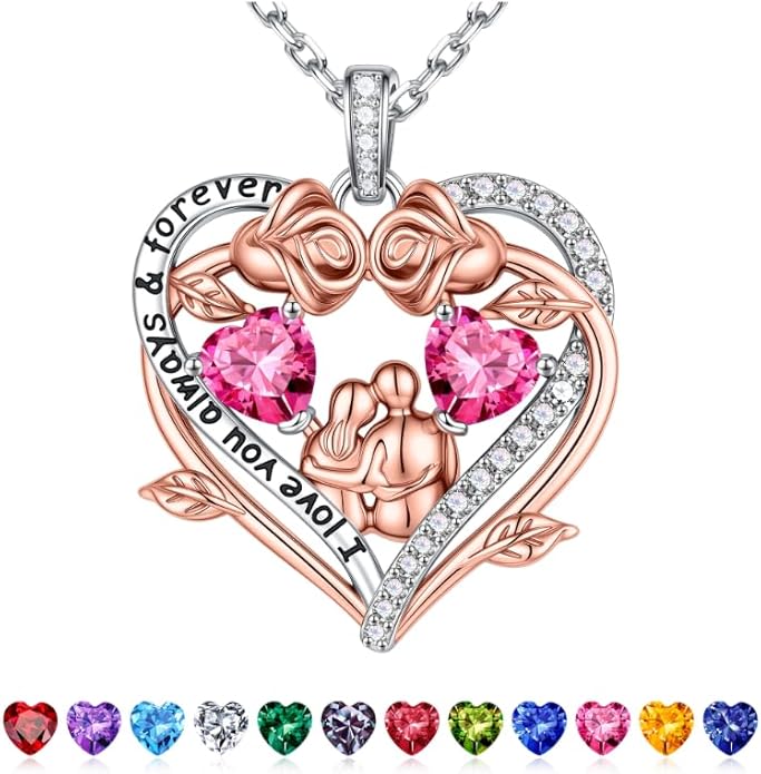 Iefil Valentines Gifts for Her Wife - 925 Sterling Silver Double Heart Birthstone Necklace, Anniversary Birthday Gifts for Women Wife Girlfriend