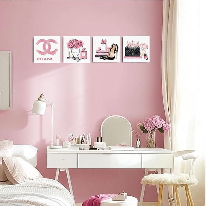 4 Pcs Fashion Canvas Wall Art Pink Room Decor Aesthetic Framed Posters Art | Pink Pictures Prints Artwork for Women Teen Girls Room Bedroom Living Room Apartment Vogue Living Room Decor 8 x 8 inches