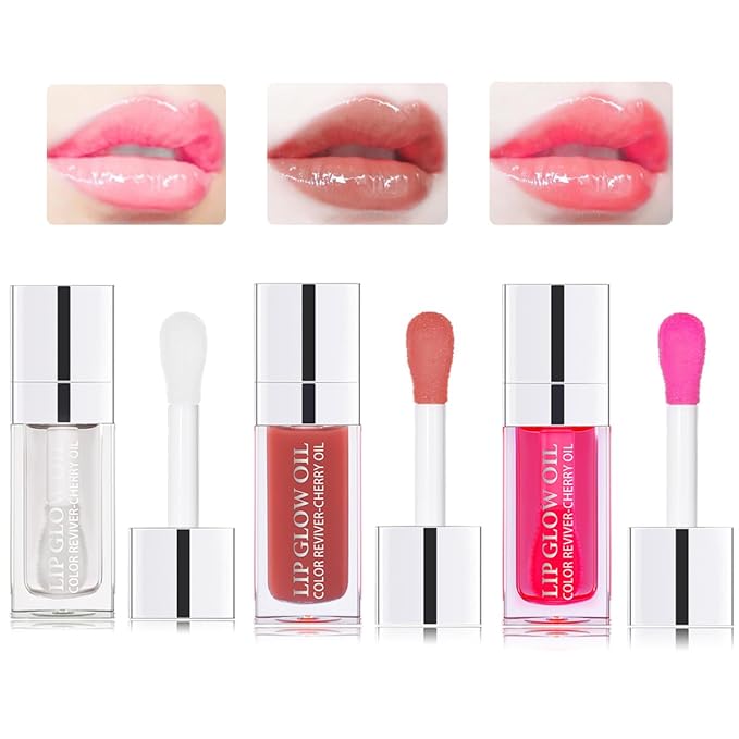 Hydrating Lip Glow Oil Moisturizing Plumping Lip Tint Lip Gloss Transparent Lip Balm Long Lasting Nourishing Repairing Lightening Lip Lines (000#+012#+015#)