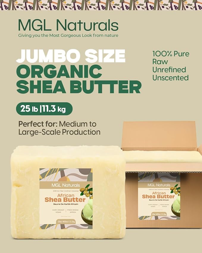 MGL Naturals Raw African Shea Butter Ivory 25 lb, 100% Pure and Unrefined. Nourish and moisturize skin and hair. Use alone or DIY recipes. From Ghana, West Africa. (25 lb)