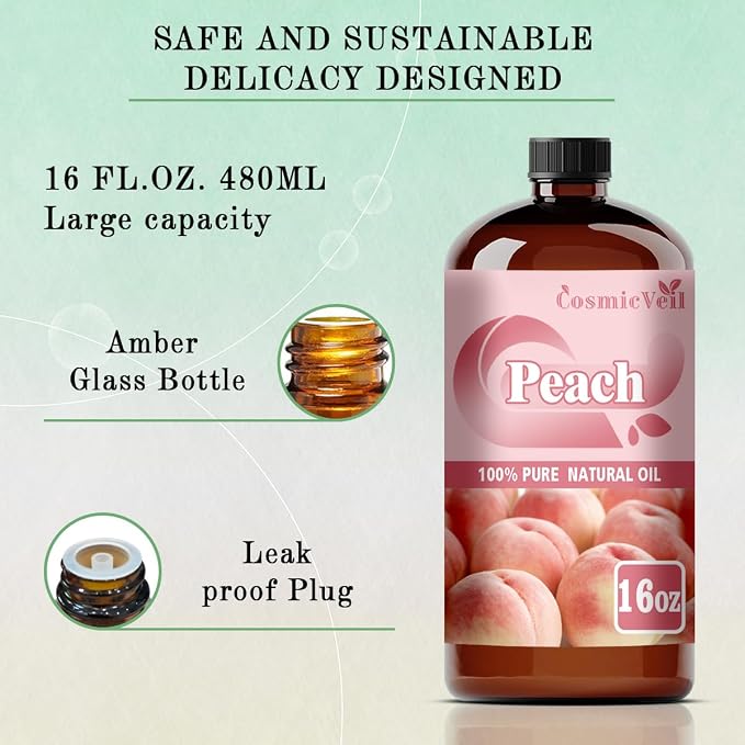 Peach Essential Oil Peach Oil for Aroma Diffuser,Humidifier,Home Fragrance,Cleaning,Body Care,Massage,Yoga,DIY Candle,DIY Soap CosmicVeil（Peach，16 Fl Oz (Pack of 1)）