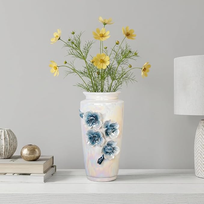 White Ceramic Vase 9 Inch - Modern Decorative Vase for Flowers, Centerpiece for Dining Table Living Room Entryway