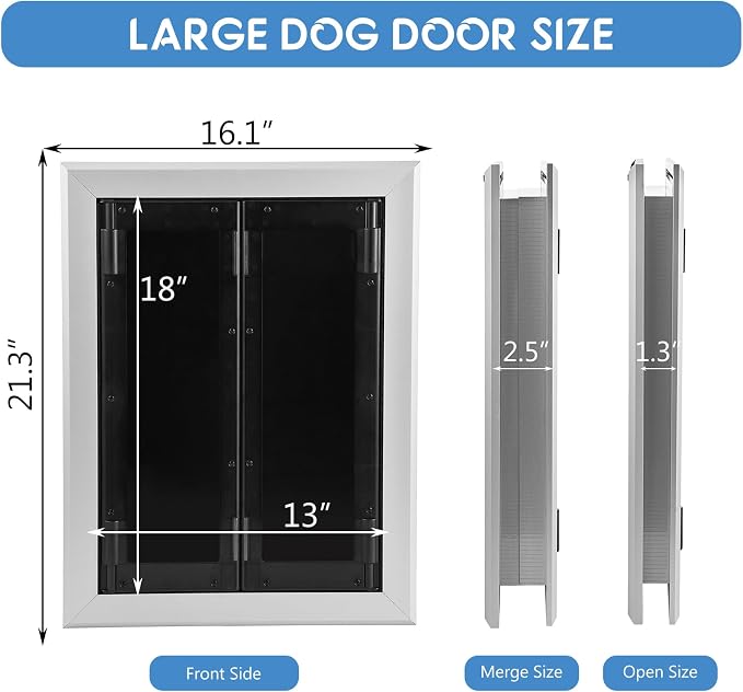 SmarketBuy Large Dog Door, Weatherproof Aluminum Dog Door with Automatic Closing Double Panels Easy to Install Pet Door for Large Dogs and Cats, Closing Panel Included