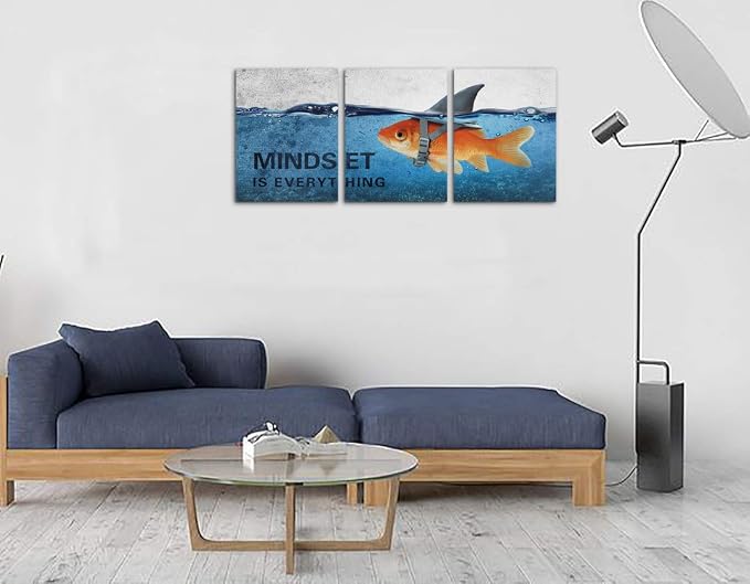 3 Panels Modern Framed Inspirational Canvas Wall Art Goldfish Body Strong Shark Heart Mindset is Everything Motivational Wooden Decor Posters (72''W x 36''H)
