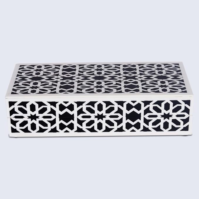 Handicrafts Home Decorative Storage Box with Lid, Black White Persian Mosaic Box, Islamic Rosette Pattern Coffee Table Organizer, Keepsake Box for Living Room & Console Decor, Shiraz 10 x 4.5 x 2.5