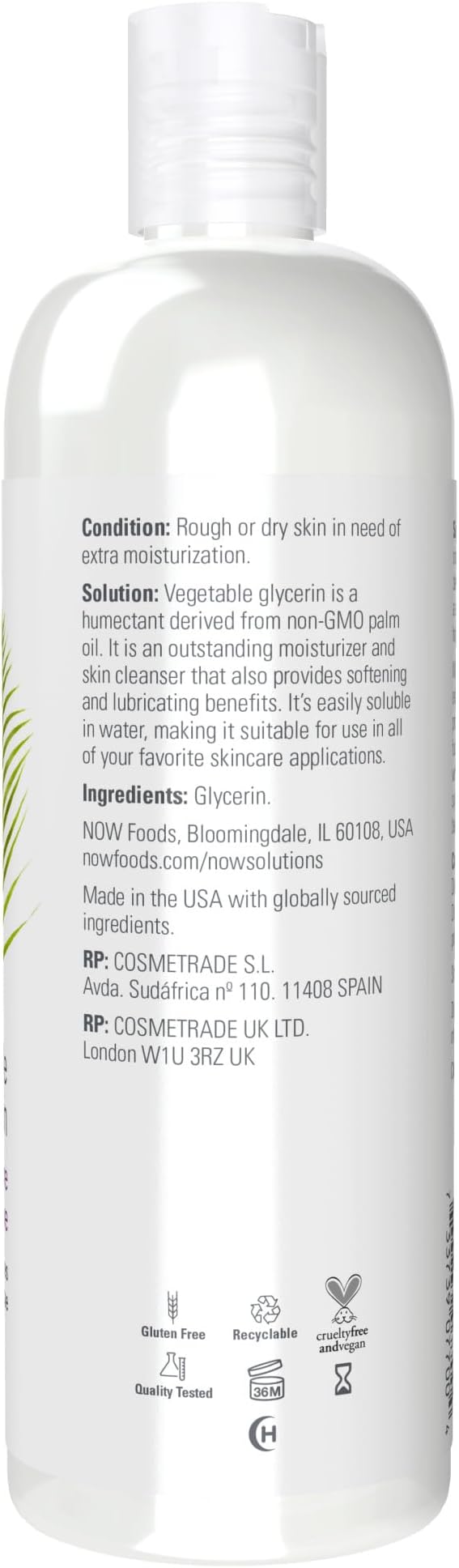 NOW Foods Solutions, Vegetable Glycerin, 100% Pure, Versatile Skin Care, Softening and Moisturizing, 16-Ounce