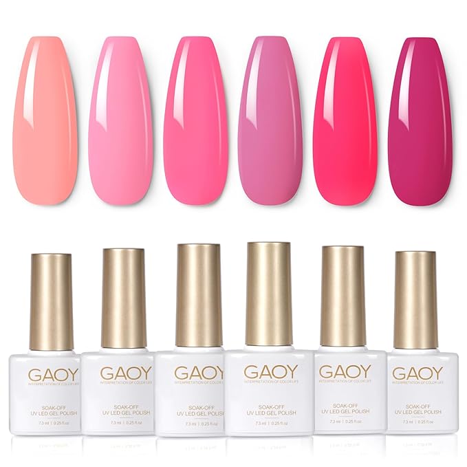GAOY Pink Gel Nail Polish Set, 6 Colors Neon Light Bright Baby Pink Soak Off UV Light Cure Gel Polish Kit for Salon and Nail Art DIY at Home