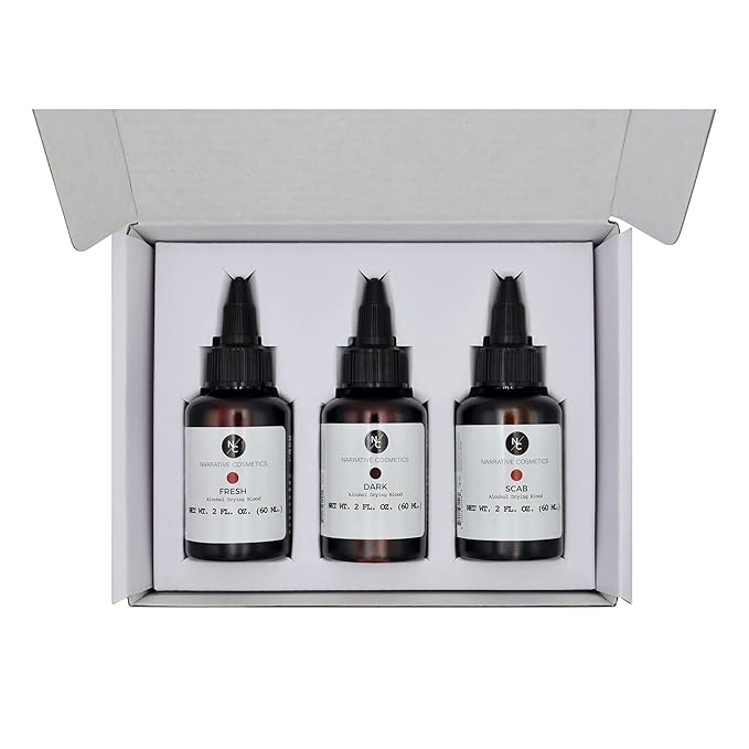Narrative Cosmetics Alcohol Drying Blood, Ultra-Realistic Fake Liquid Blood, SFX Makeup for the Stage, Film, Halloween, and Cosplay - Dark, Fresh and Scab Blood Kit - 2oz Bottles