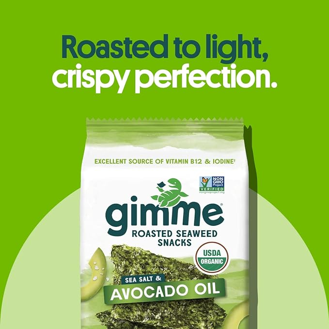 Gimme Seaweed Organic Premium Roasted Seaweed Snacks, Sea Salt & Avocado Oil, 6 Count, Keto, Vegan, Gluten-Free, Great Source of Omega3s and Iodine, Healthy On-The-Go Snack for Kids and Adults