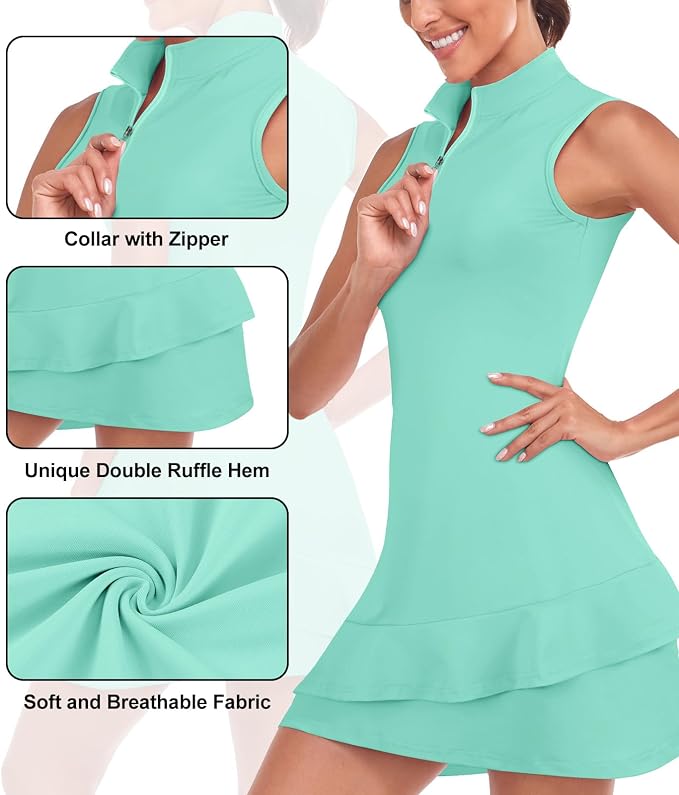 Viracy Tennis Dress for Women Sleeveless Golf Dresses with Shorts and Pockets Ruffle Zip Up Stand Collar Golf Outfits