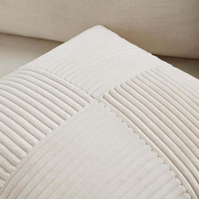 Fancy Homi Set of 1 Cream Long Lumbar Decorative Throw Pillow Covers 12x24 Inch for Couch Bed Sofa, Rustic Farmhouse Boho Home Decor, Soft Striped Corduroy Rectangle Accent Cushion Case 30x60 cm