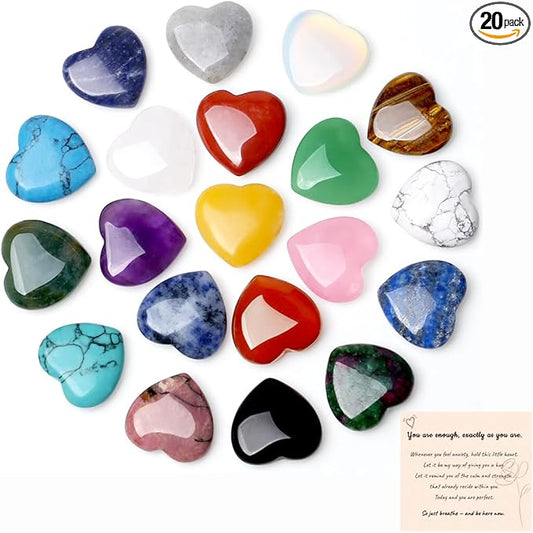 20PCS Crystals and Healing Gemstones Gem Stones Heart Crystal QINJIEJIE Natural Rose Quartz Pocket Amethyst Hearts Palm Stone Polished Crystal Set Bulk Chakra Reiki Good Luck Gifts for Women 0.8"
