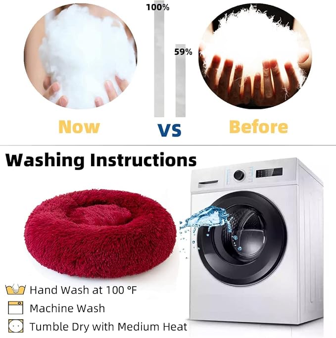 Cat Beds for Indoor Cats - Cat Bed Washable 24 inches, Dog Beds for Small Medium Dogs, Anti Anxiety Round Fluffy Plush Faux Fur Cat Bed, Thick Bottom (Red, Large 24" L x 24" W)
