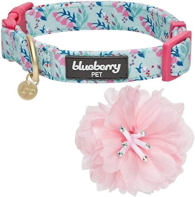 Blueberry Pet Floral Power Lily of The Valley Designer Teal Green Adjustable Dog Collar with Detachable Pink Peony, Large, Neck 18"-26"