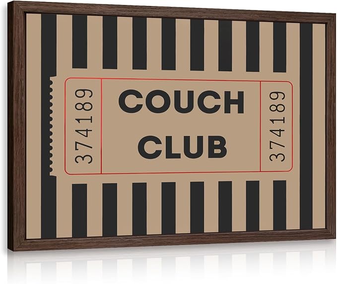 VziizV Vintage Couch Club Ticket Wall Art, Retro Ticket Canvas Print, Minimalist Graphic Wall Decor, Black Striped Typography Artwork for Living Room Bedroom Office Wrapped Canvas 12x16 Inch