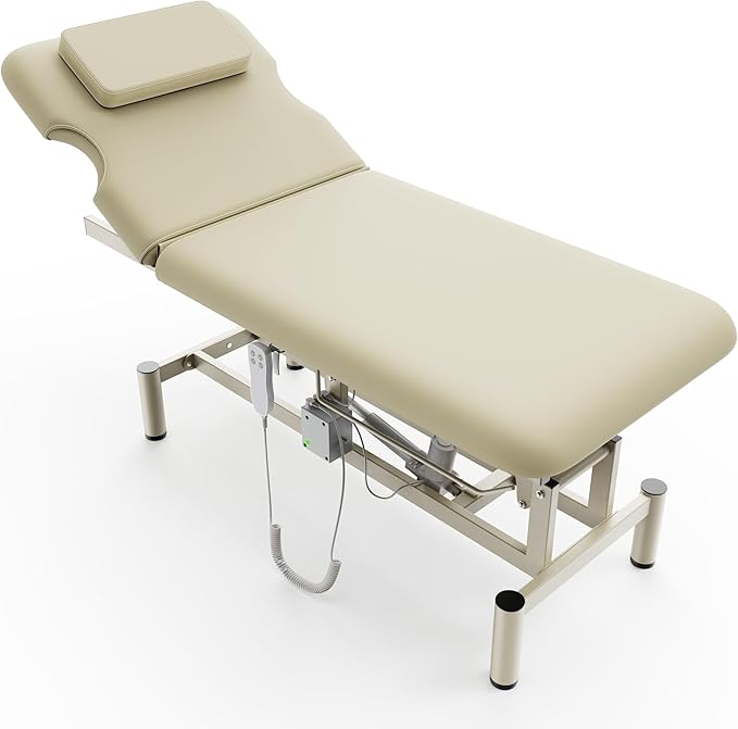 Dolonm 2 Motors Electric Massage Table, Hydraulic Electric Lift Adjustable Backrest and Height Lifting for Treatment, Physical Therapy, Spinal Massage, Facial Spa, Waxing, Tattooing - Beige Gray