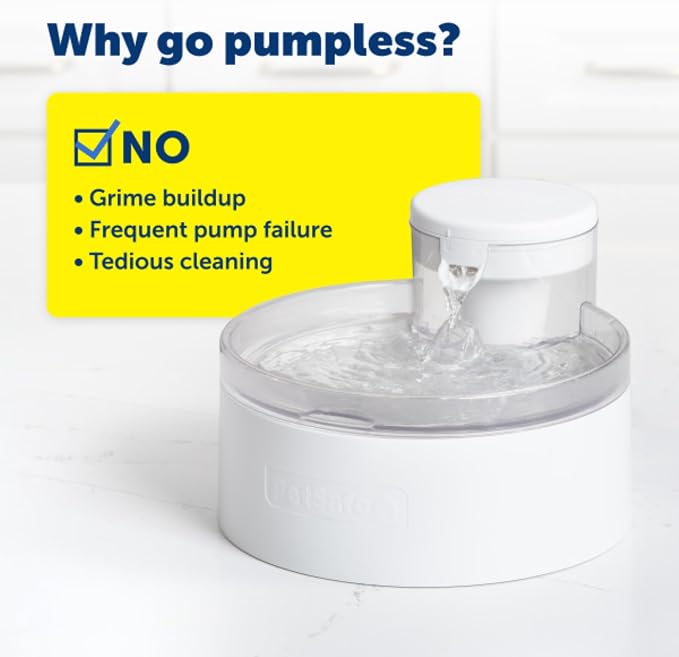 PetSafe Outlast Pumpless Cat Water Fountain, 60 oz/1.7L, Dishwasher Safe | Pumpless HydroSpin Design Circulates 60 Oz Water, Ion-x Carbon/Ion-Exchange Filter, Smart Sensors Slow Flow at Night
