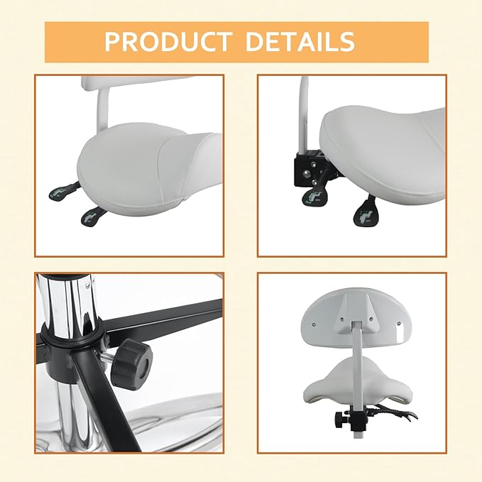Saddle Stool Chair with Back Support Footrest, Heavy-Duty(350LBS), Hydraulic Rolling Swivel Adjustable Stool Chair for Salon Spa Beauty Massage Dental Clinic Home Office Use(White)
