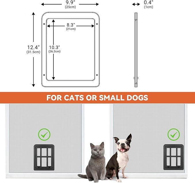 Small Pet Door for Screen & Sliding Doors - 8.3" x 10.3" Magnetic Auto-Close Flap with Lockable Insert, Ideal for Cats & Small Dogs, Black