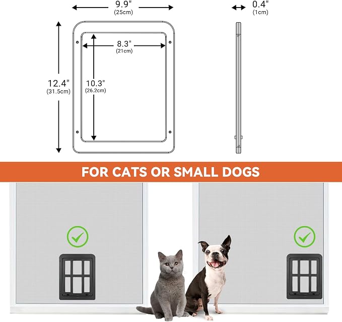 Small Pet Door for Screen & Sliding Doors - 8.3" x 10.3" Magnetic Flap Auto Closing with Lockable Insert, Ideal for Cats and Small Dogs, White