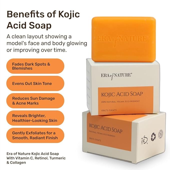 Era of Nature Turmeric Kojic Acid Soap with Vitamin C, Shea Butter & Essential Oils for Face and Body - 2 Pack - Helps Reduce the Look of Dark Spots – Inner Thighs, Armpits, Bikini Area, Knees – 200g