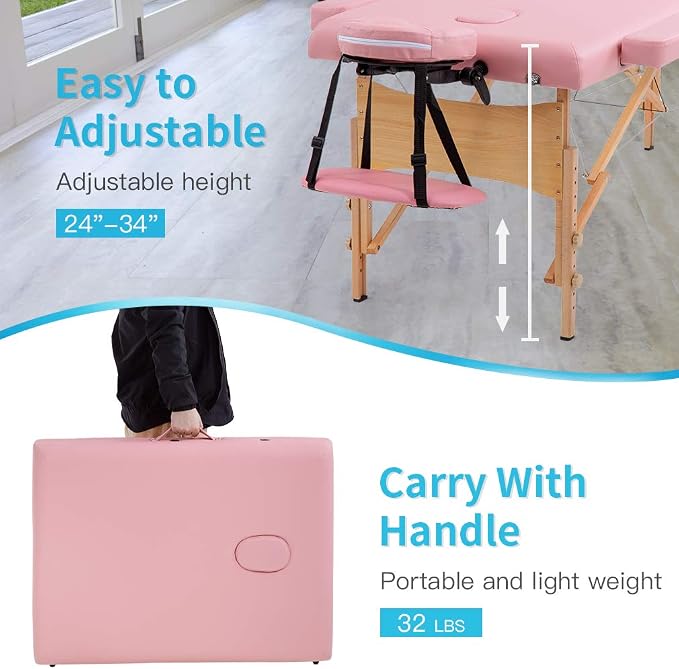 BestMassage Massage Bed Portable Massage Table 28 inch Wide Lash Bed Height Adjustable 2 Folding Spa Table with Non-Woven Bag for Spa Footmassage Facial CareSpa Tattoo