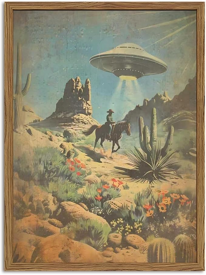 Vintage Intergalactic Western Wall Art Scifi Alien UFO Cowboy Rider Wall Decor Painting Funny Southwest Flying Saucer Poster Canvas Print Picture for Living Room Bedroom 16x24 inch Wood Framed