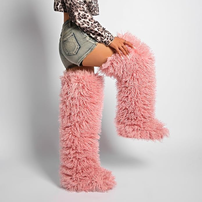 SWEETHEART BEAUTY Thigh High Shagy Teddy Fur Boots, 29 Inch Over the Knee Length Fluffy High Boots, Tall Furry Shoes For Women