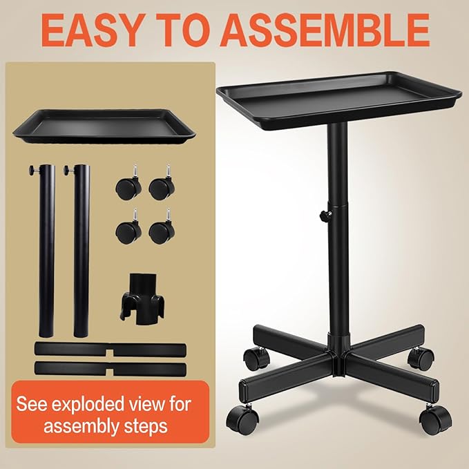 Salon Tray on Wheels,Height Adjustable Rolling Beauty Trolley Cart,Professional Salon Equipment for Barbershop/Spa/Home Use Black