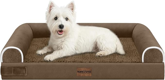 Orthopedic Dog Bed for Medium Dogs, 28 x 19 Inch, Dark Coffee | Egg crate foam for joint support, 3-sided bolster pet sofa, waterproof lining, washable cover, and non-skid base