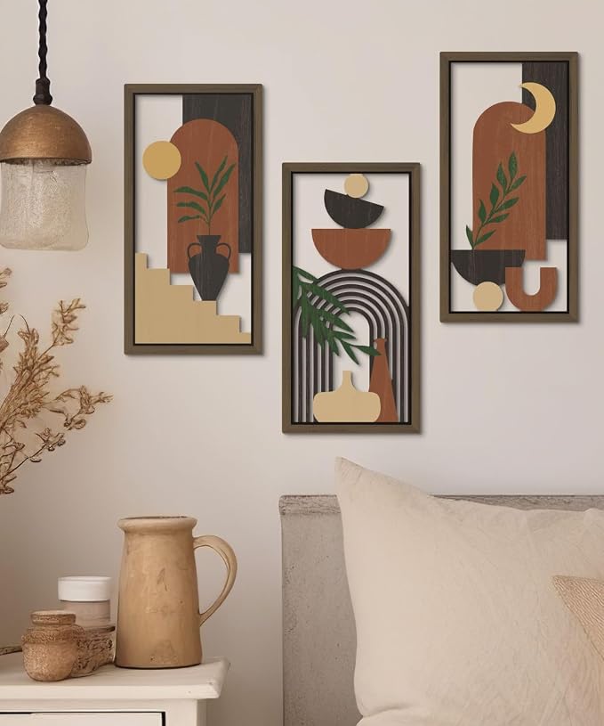 Putuo Decor Boho Wall Art Set of 3 Modern Minimalist Wooden Wall Decor Abstract Terracotta Room Decorations Mid Century Artwork for Living Room Bedroom Office in Terracotta Noir 16.5 x 8.6 Inch