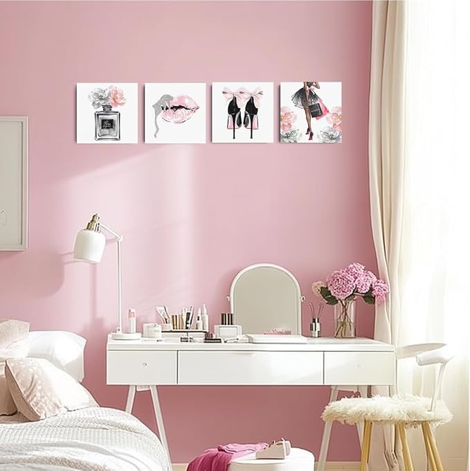 Pink Fashion Women Wall Art, Pink Flowers Perfume High Heel Lips Wall Decor | Aesthetic Canvas Framed Posters Art Prints Modern Artwork Pictures for Women Room Bathroom Apartment Decor 8x8 Inch Set of 4