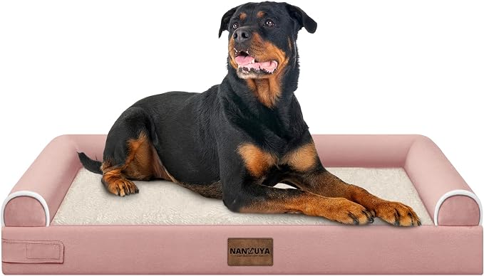 Orthopedic Dog Bed for XX-Large Dogs, 44 x 34 Inch, Pink | Egg crate foam for joint support, 3-sided bolster pet sofa, waterproof lining, washable cover, and non-skid base