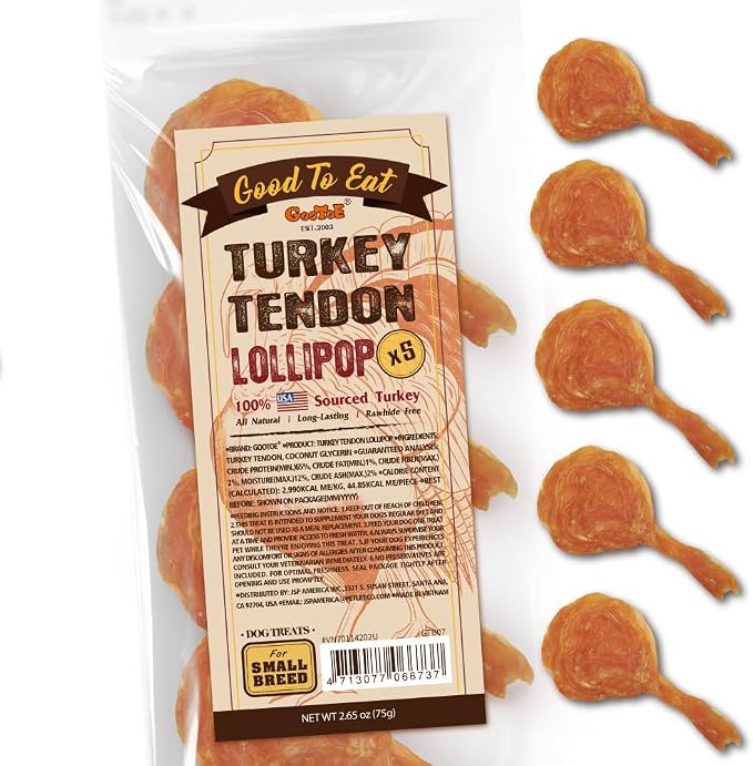 Gootoe Turkey Tendons, Dog Treats for Small Breeds, Lollipop (S), 5 Counts