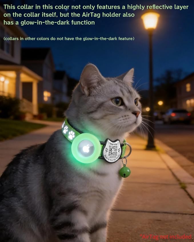 Cat Collar with AirTag Holder, QR Code Tag and Bell (Neon Green)