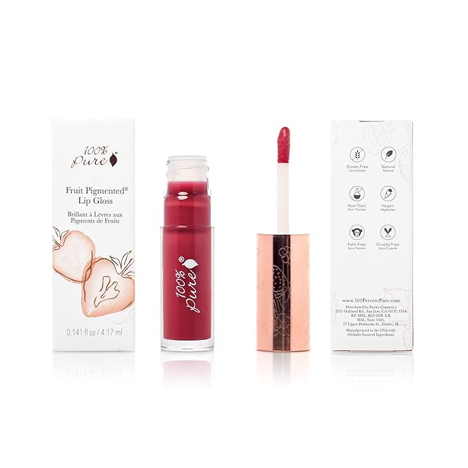 100% PURE Lip Gloss (Fruit Pigmented), Pomegranate Wine, High Shine, Moisturizing, Natural Lip Gloss, Sheer Finish, Tinted Lip Gloss w/Cocoa Butter, Vitamin E (Medium Berry Red Color) - 0.14 Fl Oz