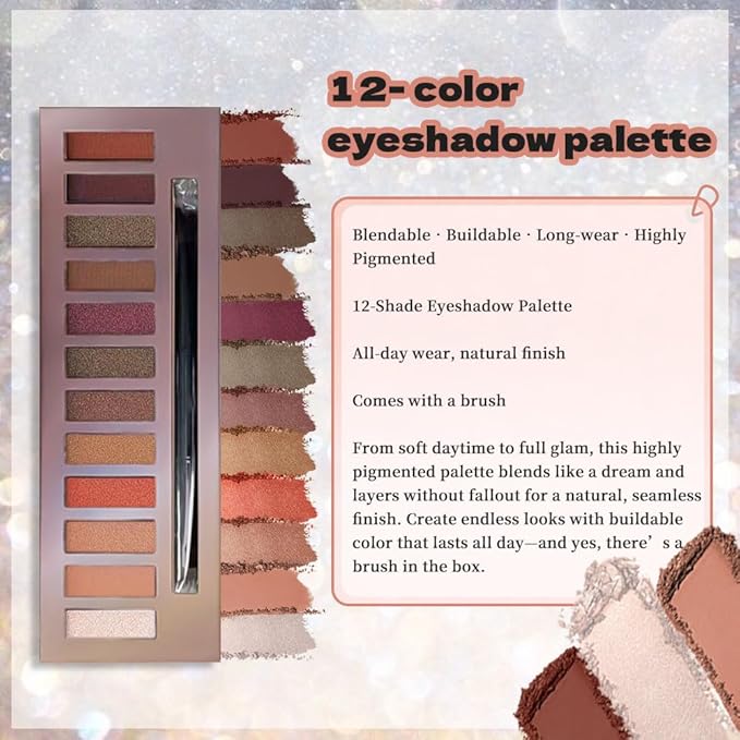 12 Colors Highly Pigmented Eye Shadow Palette Makeup Kit for Women, Nude Brown Peach White Purple Bronze Gold Eyeshadows, Matte Smoky Shimmery Metallic Shade Eyeshadow Palette Long-Lasting Waterproof