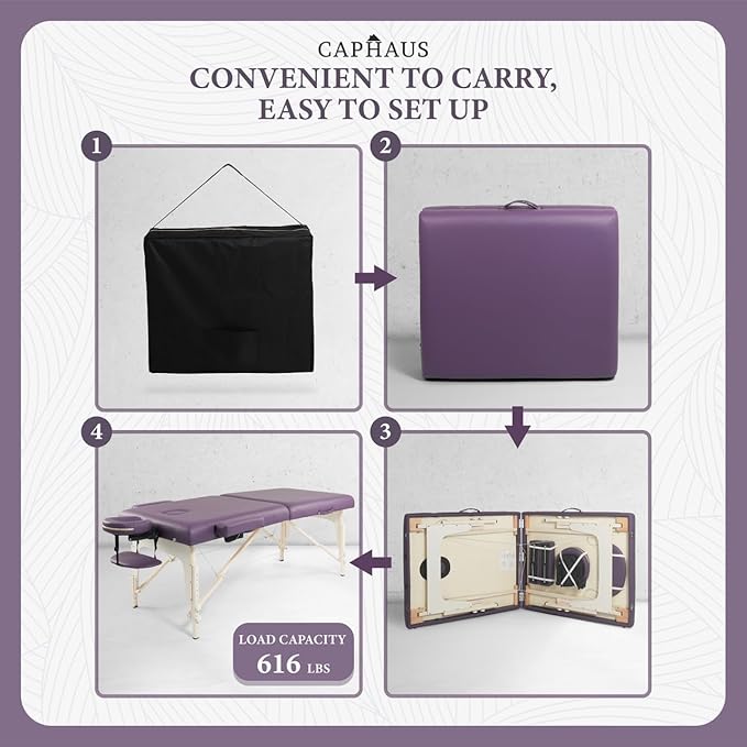 CAPHAUS Premium Memory Foam Massage Table, 84 Inch Foldable & Portable, Height Adjustable Spa Bed, Facial Cradle Salon Bed, Wooden Legs & Carry Case, 32 Inch Wide, Purple