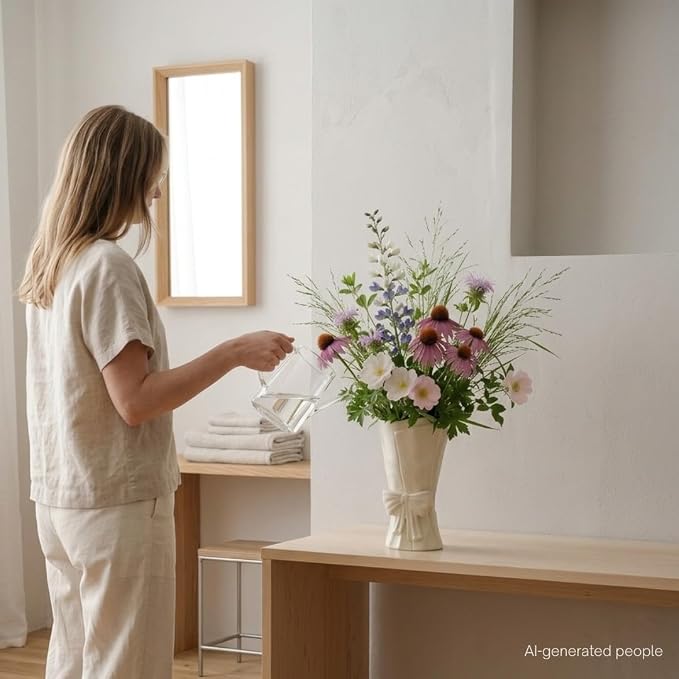 WENSHUO Flower Vase, Ceramic Bow Vase for Flowers, 10 in, Matte Crème | Irregular ceramic bow vase for fresh or dried flowers, wedding centerpieces and home decor. Smooth matte cream-toned glaze.