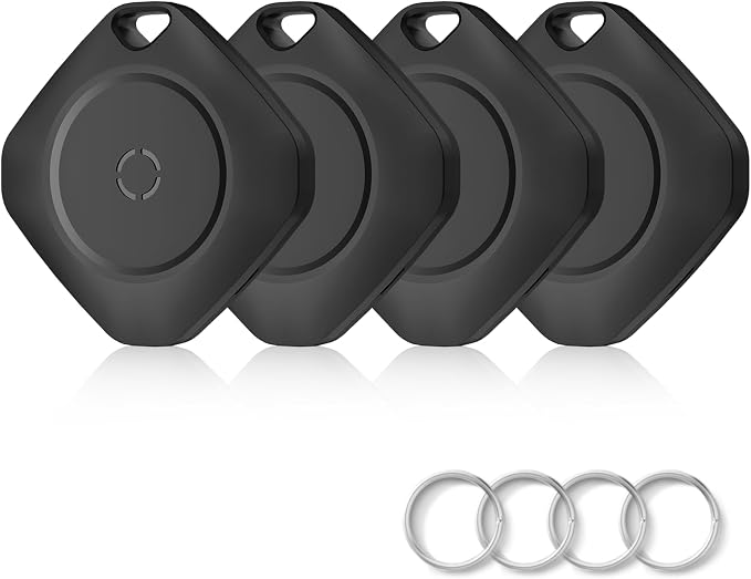 Tracker Tags-4 Pack(iOS Only), ltem Finder Smart Tag Set Black | IP67 Waterproof, Loud Beep, Replaceable Battery, Smart Tag for Keys, Bags, Luggage, Pets, Wallet, Compatible with Find My APP