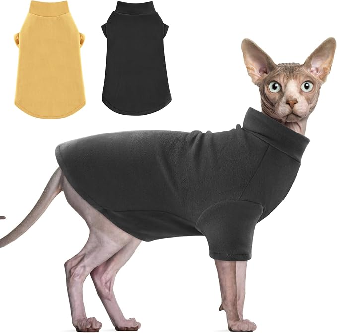 Idepet Sphynx Cats Sweater 2 Pack,Turtleneck Hairless Cat Shirt Soft and Warm Kitten Clothes with Sleeves Pullover Pet Winter Pajamas Jumpsuit for Cat Puppy (Black&Yellow, XX-Large)
