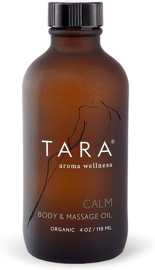 TARA Spa Therapy Calm Body & Massage Oil – Premium Organic Oil for Stress Relief & Relaxation, 100% Pure Essential Oils, Lavender, Mandarin & Chamomile, 4 oz