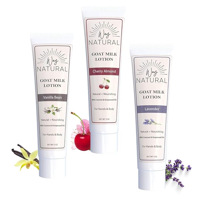 Goat Milk Lotion, Variety - Body & Hand Lotion Set - Dry Skin Relief, USA Made - Goat Milk Hand Cream for Women & Men - Lavender, Cherry Almond, Vanilla Bean - 3 (2oz) Tubes