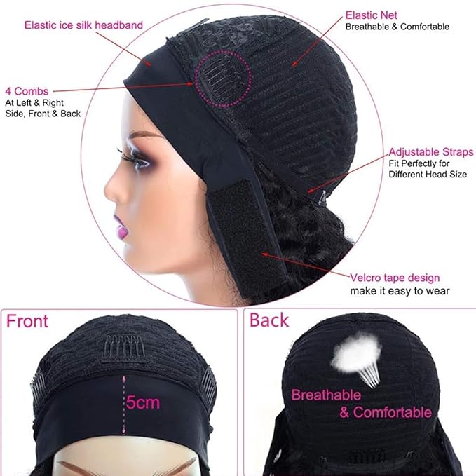 Human Hair Headband Wig Water Wave Human Hair Wigs for Black Women Brazilian Virgin Hair Glueless None Lace Front Wigs 150% Density (16" Headband wigs)