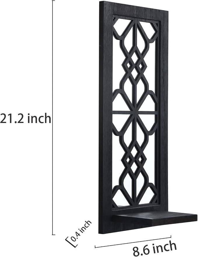 ZEXUIRU 2 Set Rustic Candle Sconces Living Room Bedroom Entryway Wood Mirrored, Farmhouse, Carved Frame Wall-Mount Wooden Candle Holders Wall Decor Hanging Handmade Holder - Black