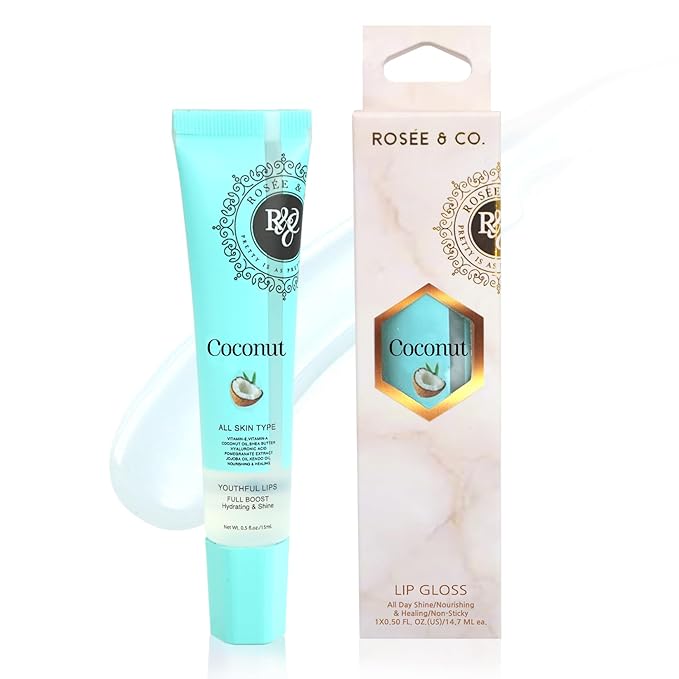 Rosee Lip Gloss Vegan & Cruelty Free Treatment, Professional Make up, Long Lasting Glossy with Shea Butter, Moisturize, Protect & Smooth, High Shine, Non-Sticky (c.Coconut, 0.5)