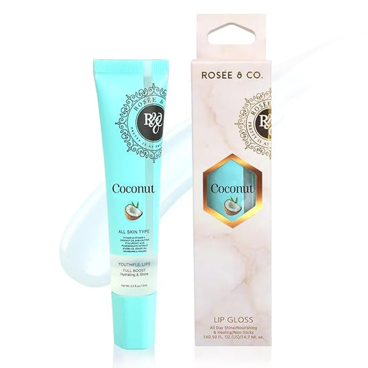 Rosee Lip Gloss Vegan & Cruelty Free Treatment, Professional Make up, Long Lasting Glossy with Shea Butter, Moisturize, Protect & Smooth, High Shine, Non-Sticky (c.Coconut, 0.5)